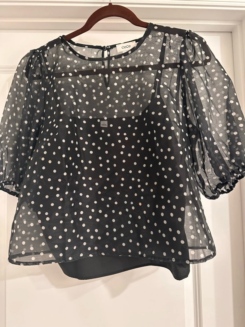 CeCe Black and White Polka Dot Puff Sleeve Blouse - Picture 4 of 6